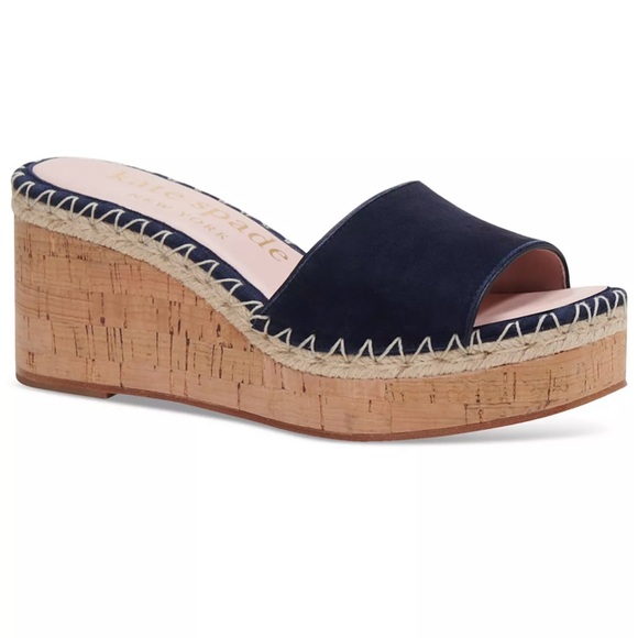 Kate Spade Cosette Platform Cork Slides Navy Blue Suede Mules New York Wedges - Picture 2 of 16